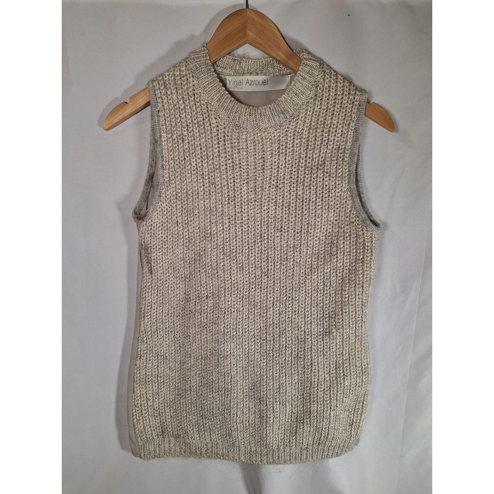 Yigal Azrouel Womens Mohair Wool Blend Mixed Media Sweater Vest Beige Grey Sz M
